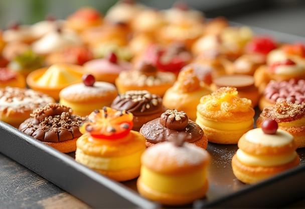 Tray of assorted mini pastries for catering.