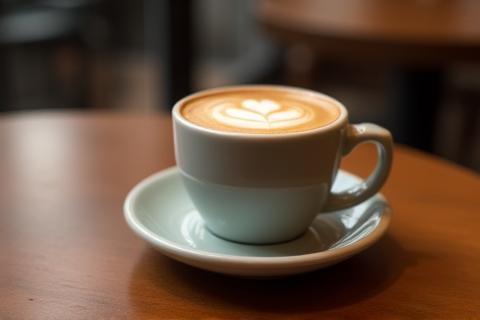 Close-up of a coffee cup on a wooden table.