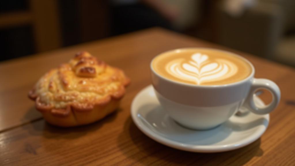 Beautifully crafted pastry next to a latte with art, highlighting a special offer.