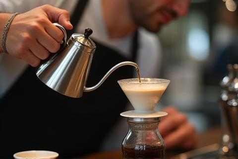 Barista pouring hot water over coffee grounds for a pour-over.
