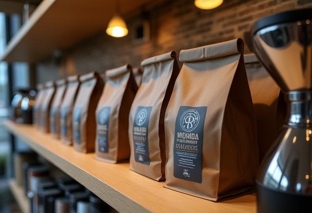 Bags of coffee beans and brewing equipment on a shelf.